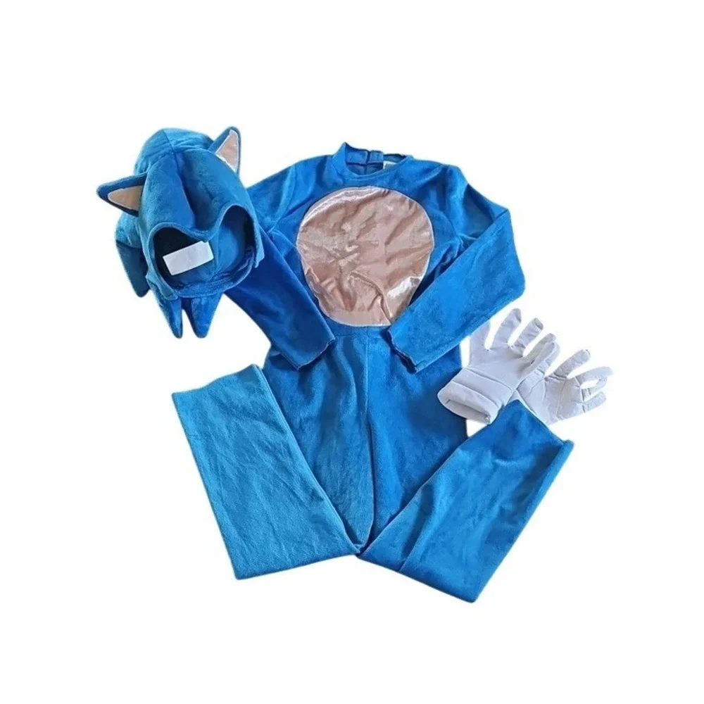 Sonic the Hedgehog 2 Movie Kids Costume Blue Plush Jumpsuit Headpiece Gloves Med